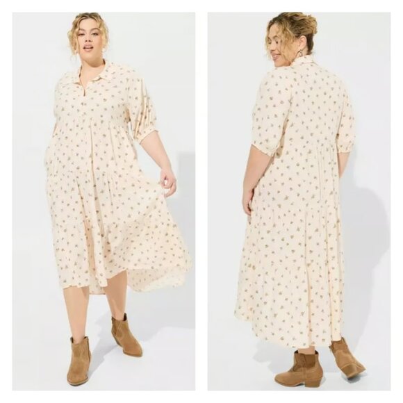 NWT Torrid Women’s 2X Floral Challis Maxi Dress Hi Low Tiered Shirt Dress Pocket - Picture 1 of 9